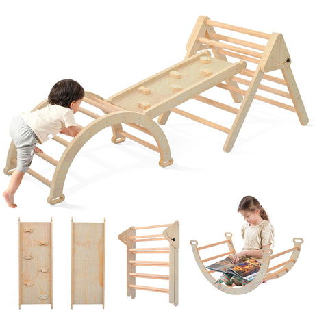 Pikler Triangle Set, Foldable Climbing Play Gym with Arch, Ramp, and Climbing Triangle, Wodden Toddler Climbing Toys Indoor, Montessori Learning Toy for Kids 2-12 Years OLLIKIVI