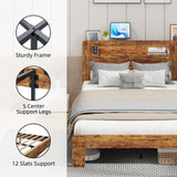 Queen Size Wooden Bed Frame with Storage Headboard & Charging Station, Farmhouse Platform Bedframe with LED Lights & Wood Slat Support, No Noise, No Box Spring Needed, Easy Assembly (Rustic Brown QNICE