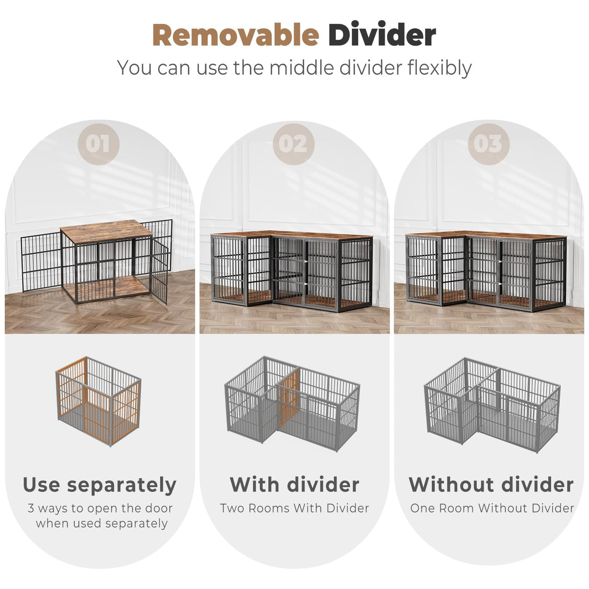 Lyromix 48'' L-Shaped Corner Dog Crate Furniture Large Breed with Double Rooms for 2 Dogs,Wooden Dog Crate End Table Indoor with Removable Divider for Medium to Large Dogs, Can Use Separately Lyromix