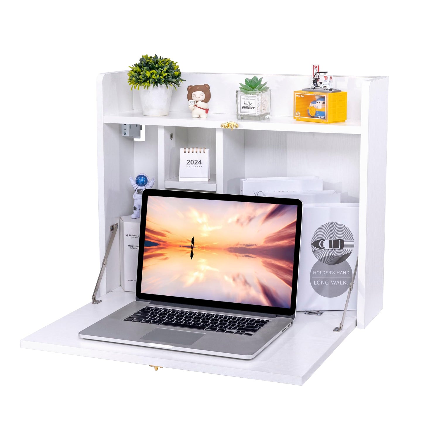 Zvyteay Wall-Mounted Desk Folding Wall Desk Floating Table Wall Mounted Laptop Desk Space Saving Wall Mounted Table with Storage Shelves for Home Office (White) - WoodArtSupply