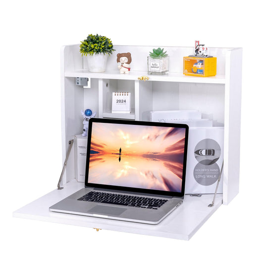 Zvyteay Wall-Mounted Desk Folding Wall Desk Floating Table Wall Mounted Laptop Desk Space Saving Wall Mounted Table with Storage Shelves for Home Office (White)