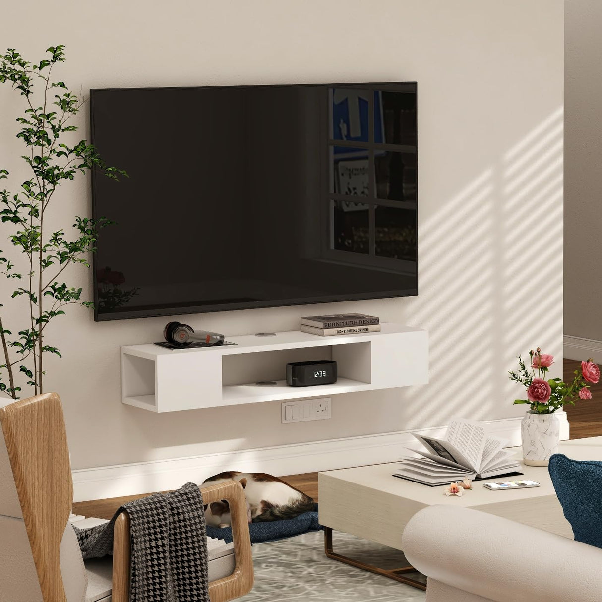 GHC Floating TV Stand, Wall Mounted Entertainment Center and Cabinet Shelf, Media Console for DVD Player, Space-Saving Under TV Shelf for Bedroom, Living Room (White) GHC