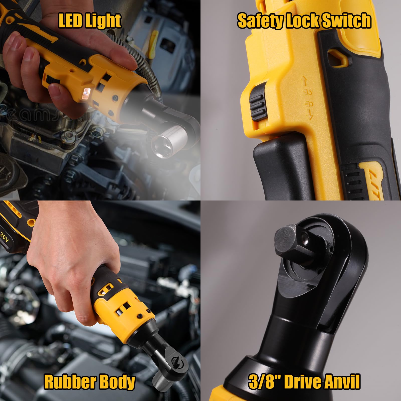 Electric Ratchet, Cordless Ratchet Wrench 3/8" Compatible with DEWALT 20V Battery, 74Ft-lb, 580 RPM, Variable Speed Trigger, LED Light, 3/8" to 1/4" Adapter, 9 Sockets, No Battery Included - WoodArtSupply