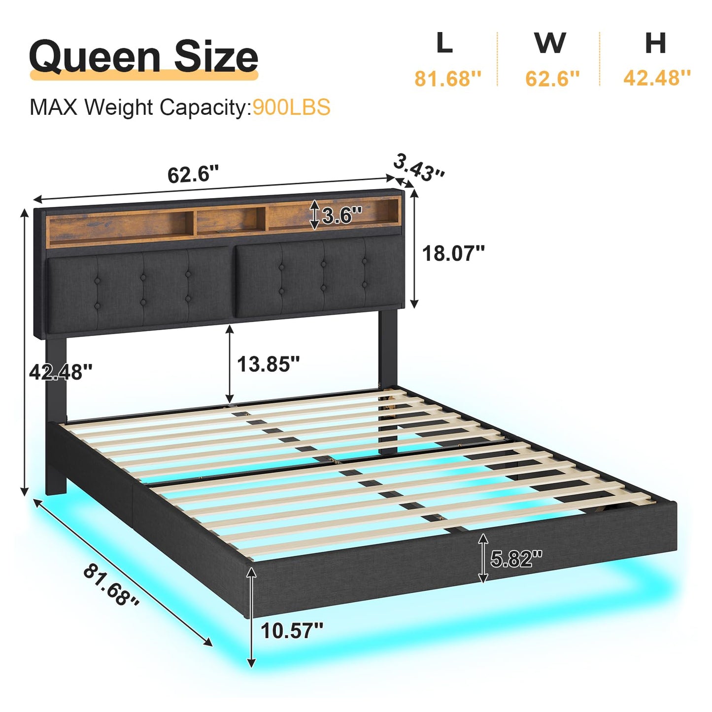 Modern DICTAC Queen Floating Bed Frame with LED Lights and Storage Headboard - WoodArtSupply