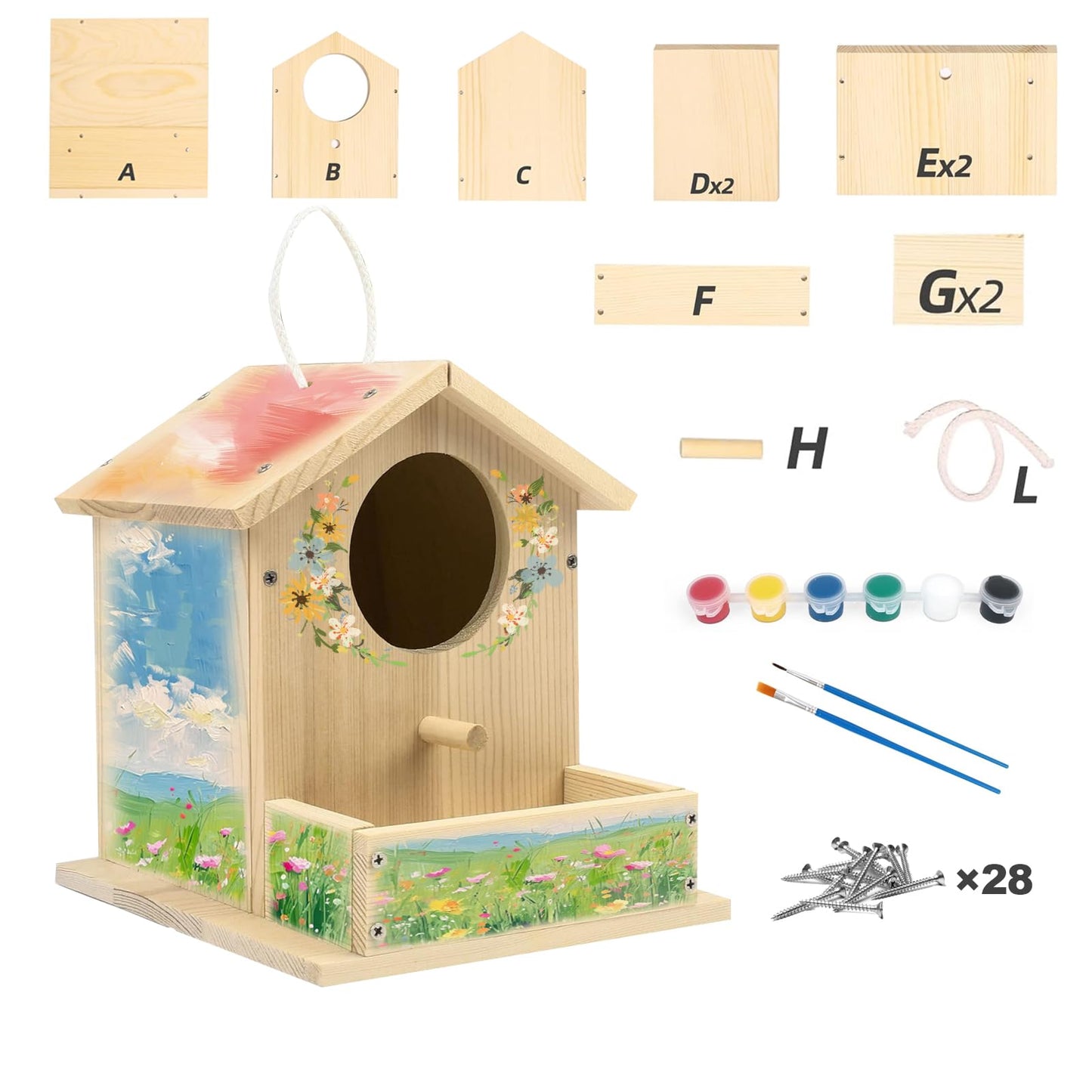 Bird House Kits for Adult, Wooden DIY Birdhouse Kit, Outdoor Woodworking Crafts Freestyle Painting, Arts and Crafts Projects with Paints & Brushes, Hanging Birdhouse for Garden Yard Decor Gifts