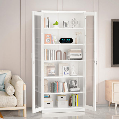 VINGLI Lockable Display Cabinet with Glass Doors & 5 Adjustable Shelves, 71" Tall White Metal Storage Cabinet Curio Liquor, Bookshelf Bookcase for Home Office Living Room Pantry Garage VINGLI