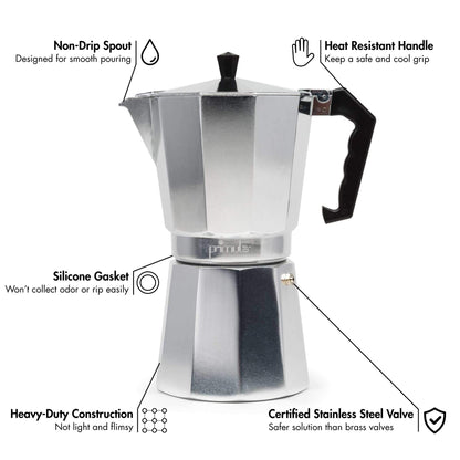 Primula Classic Stovetop Espresso and Coffee Maker, Moka Pot for Italian and Cuban Café Brewing, Greca Coffee Maker, Cafeteras, 12 Espresso Cups, Silver