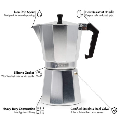 Primula Classic Stovetop Espresso and Coffee Maker, Moka Pot for Italian and Cuban Café Brewing, Greca Coffee Maker, Cafeteras, 12 Espresso Cups, Silver Primula