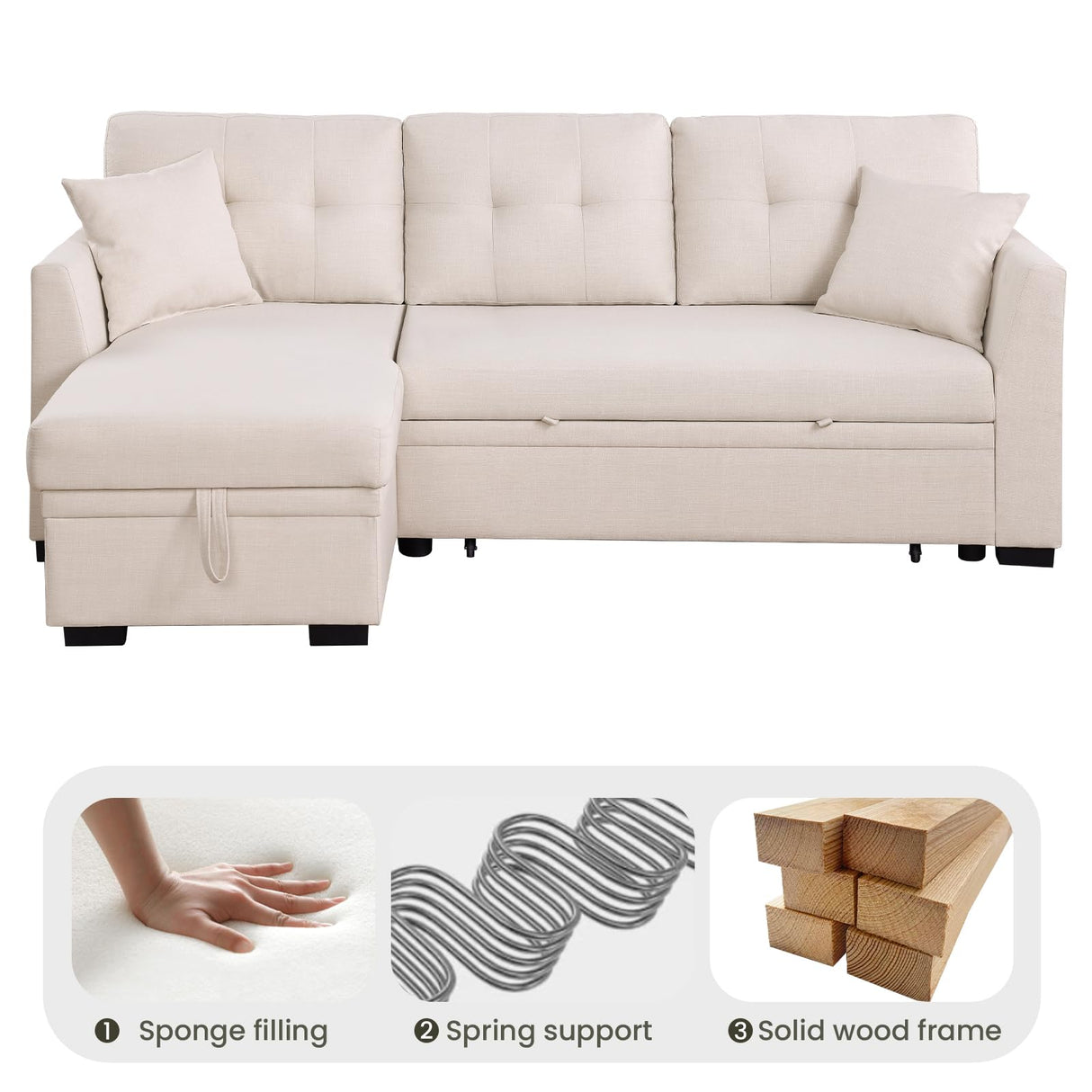 Yafylly L-Shaped Sofa with Storage and Pull-Out Bed, Convertible Futon Chaise Lounge with Ports, Recliner for Living Room, Bedroom, Apartment, Office, Beige Yafylly