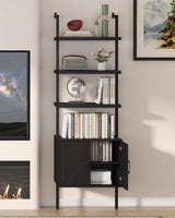 Yusong 73" Tall Bookshelf with Cabinet, Farmhouse Ladder Wall Mount Shelf Industrial Bookcase with Wood and Metal Frame, Plant Shelf Wall Storage Book Case Display for Living Room Bedroom Black Yusong