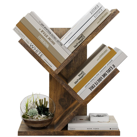 Tajsoon Tree Bookshelf 3 Tier Book Storage Organizer Shelves, Desktop Bookshelf Floor Standing Bookcase Display for CDs/Magazine/Books, Small Bookshelf for Bedroom, Living Room Office, Rustic Brown Tajsoon