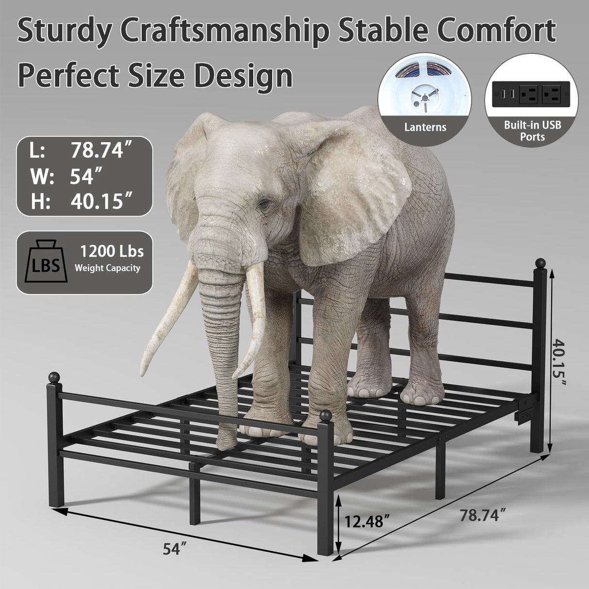 Gohapnis Full Size Bed Frame with Headboard and Footboard,Black Metal Platform Bed Frames with LED Lights and USB Charging Station,Heavy Duty Metal Slats,No Box Spring Needed,Sturdy&Noise Free Gohapnis