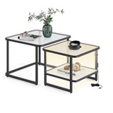 VASAGLE Nesting Tables, Frosted Glass Coffee Table with LED Lights, Modern Square Side Tables with Bottom Shelf, for Living Room, Bedroom, Office, Cloud White and Ink Black (Set of 2) VASAGLE