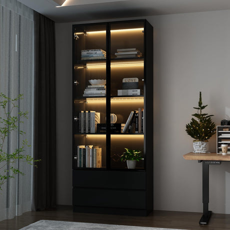 FUNISIR Curio Display Cabinet with Light, Storage Shelves with Pop-up Glass Doors, 2 Drawers & 3 Color Light, Collectibles Cabinet Display Shelf, Bookshelf Showcase for Living Room, Black w/Drawer FUNISIR