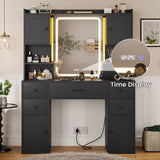 Tiptiper Large Makeup Vanity Desk with Mirror and Lights, Vanity Table with Charging Station & Time Display & Ambient Light, Makeup Table with Drawers & Storage Cabinets, Black Tiptiper