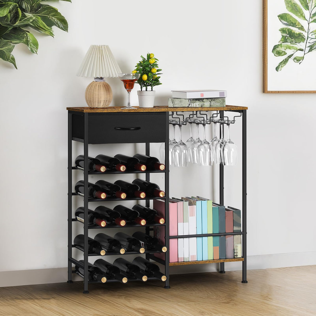 OYEAL Wine Rack Freestanding Floor, 5 Tier Display Wine Storage Shelves with Glass Holder & Fabric Drawer, 20 Bottles Liquor Cabinet Bar Stand for Home Bar, Kitchen Living Room, Rustic Brown OYEAL