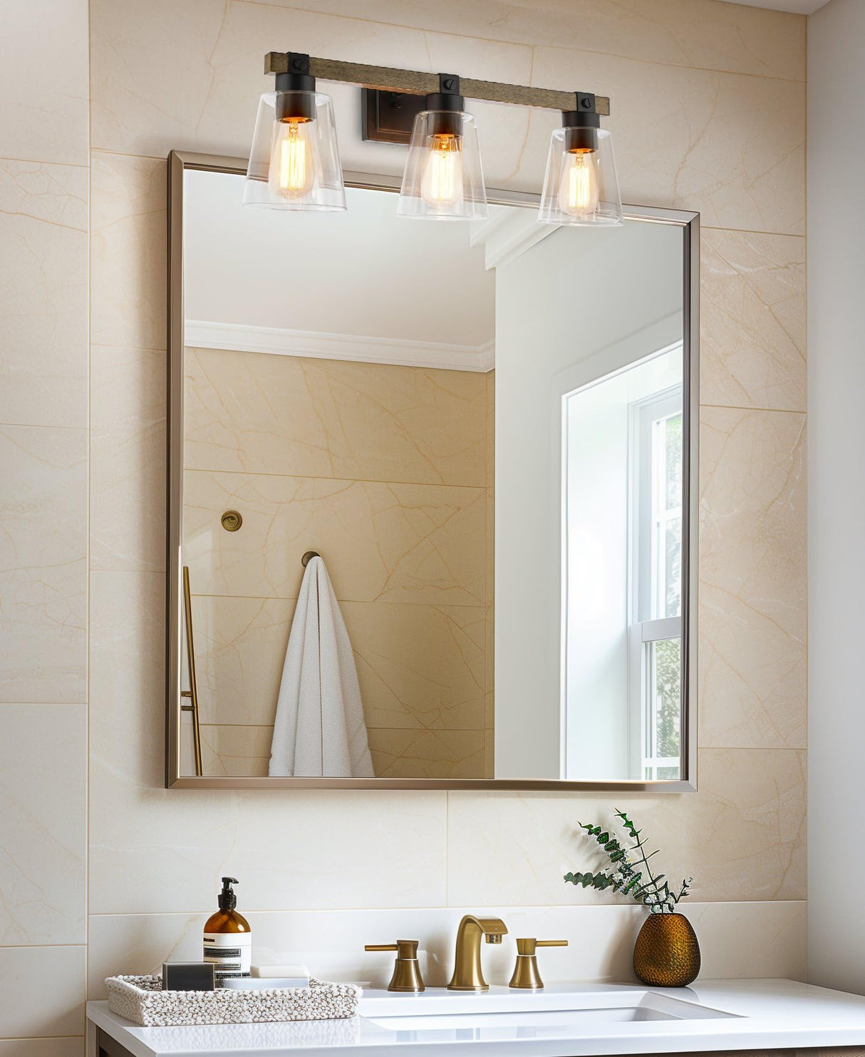 Kira Home Asher 23" 3-Light Farmhouse Vanity/Bathroom Light + Funnel Glass Shades, Smoked Birch Wood Style + Black Finish Kira Home