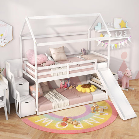 Giantex White Twin Over Twin House Bunk Bed with Slide and Storage Stairs Giantex