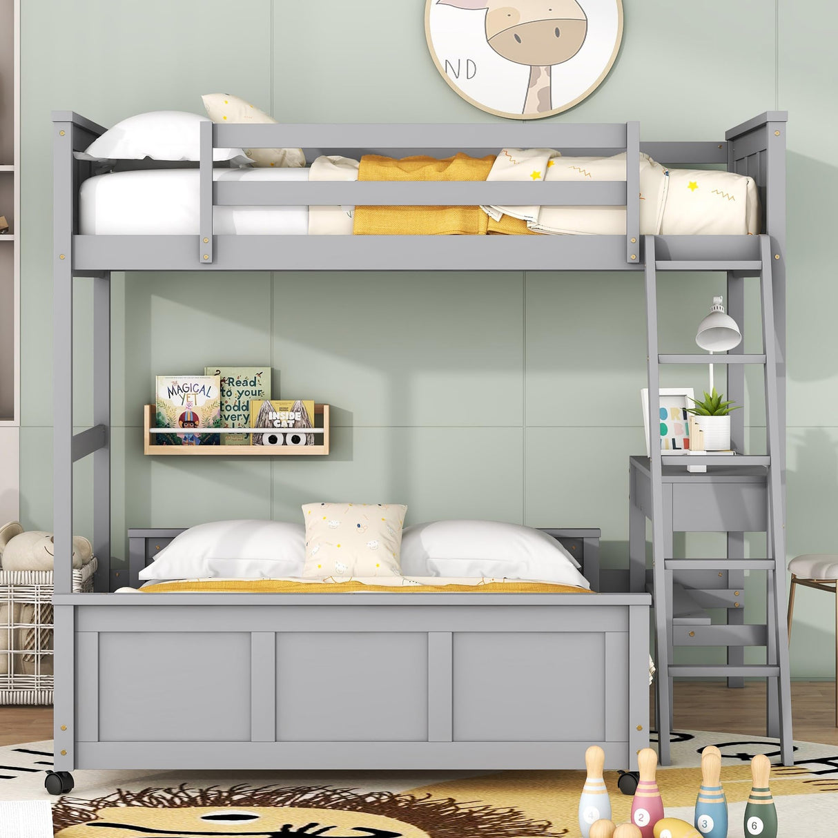 Merax Twin Over Full Bunk Bed with Desk,Wood Loft Bed Frame Saving Space for Boys,Girls,Teens,Grey Merax