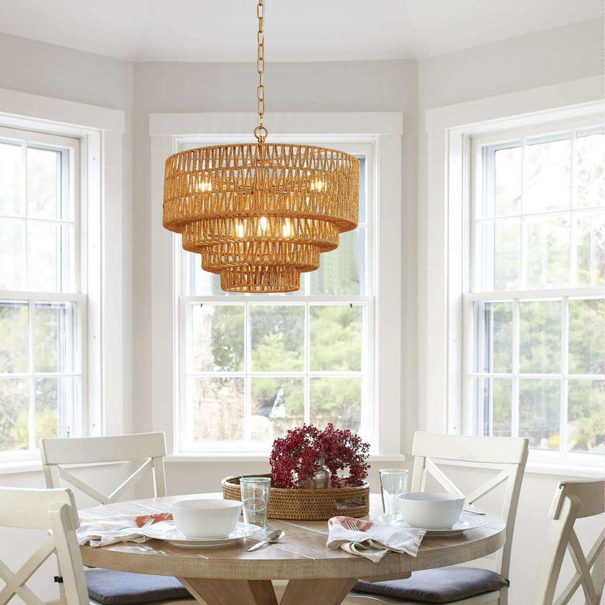 YOMECOO 19.7" Hand-Woven Rattan 6-Light Farmhouse Boho Bamboo Chandelier Light Fixture Retro Drum Wicker Golden Chandelier for Dining Room, Kitchen, E12 YOMECOO