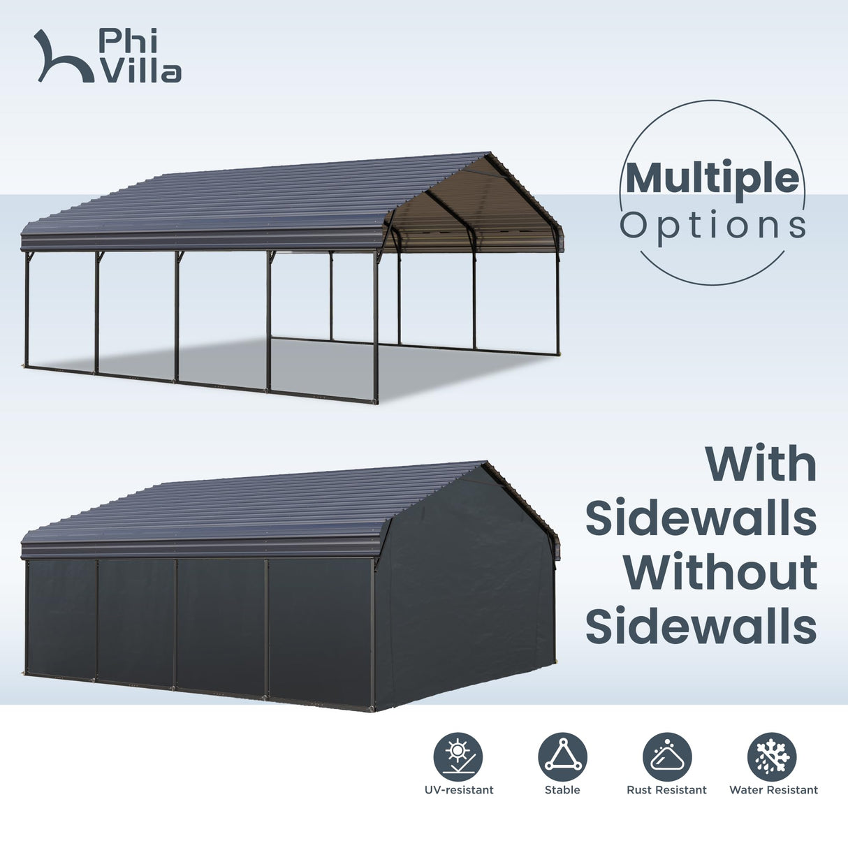 PHI VILLA 20 x 20 ft Carport 2 car Metal Carports with Galvanized Steel Roof with Sidewalls Enclosure Kit, Sturdy Heavy Duty Metal Carport for Cars, Boats, and Tractors PHI VILLA