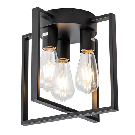LEIP 3-Light Ceiling Light Fixture, Semi-Flush Mount Light with Contemporary Geometric Metal Cage, Farmhouse Industrial Lighting for Kitchen Living Room Bedroom Hallway Foyer, E26 Black LEIP