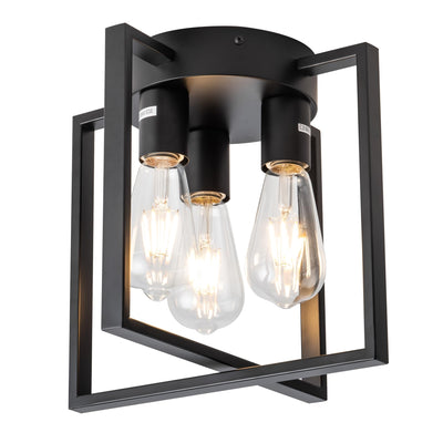 LEIP 3-Light Ceiling Light Fixture, Semi-Flush Mount Light with Contemporary Geometric Metal Cage, Farmhouse Industrial Lighting for Kitchen Living Room Bedroom Hallway Foyer, E26 Black