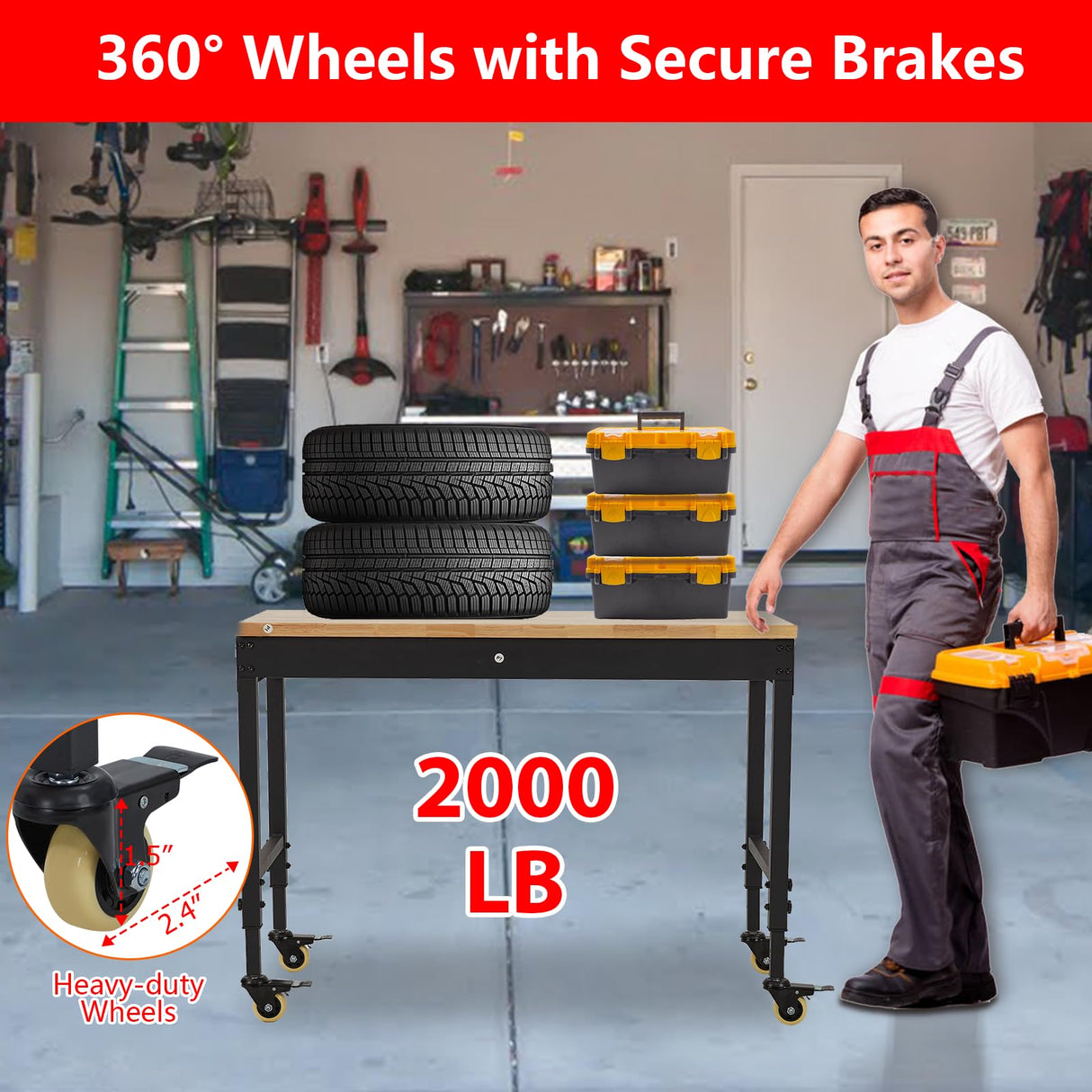 EuKer Workbench 48x24 Inch, Adjustable Height Worktable for Garage, Rubber Wood Top & Cold-Rolled Steel Table Workbench, Heavy Duty Workstation with Power Outlets & Wheels, 2000 Lbs Load Capacity Euker