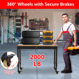 EuKer Workbench 48x24 Inch, Adjustable Height Worktable for Garage, Rubber Wood Top & Cold-Rolled Steel Table Workbench, Heavy Duty Workstation with Power Outlets & Wheels, 2000 Lbs Load Capacity Euker