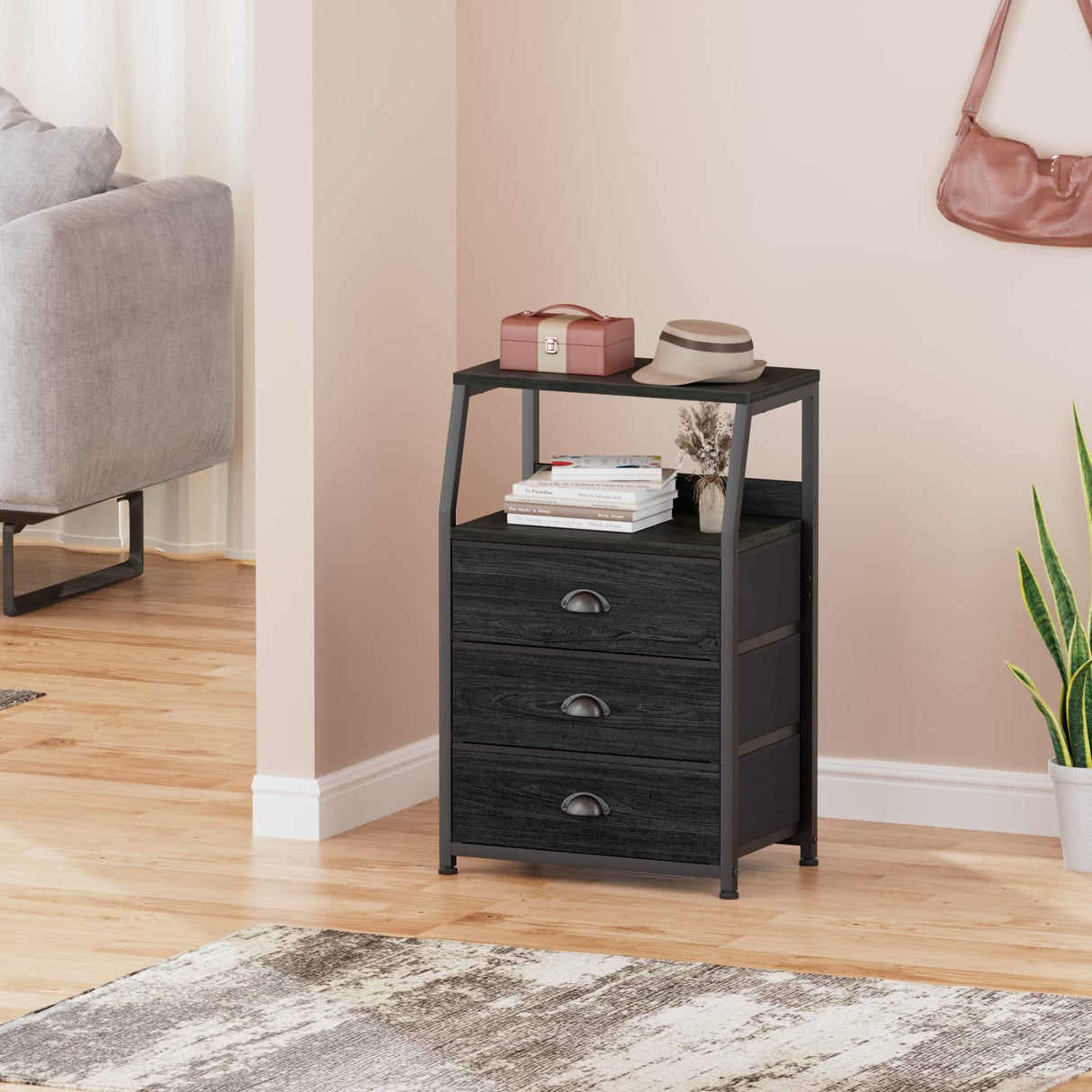 Furnulem Black Night Stand, Small Dresser for Bedroom, Nightstand with 3 Fabric Storage Drawers and 2-Tier Shelf, End Table Side Furniture for Closet, Hallway, Nursery, Sturdy Steel Frame, Wood Top Furnulem