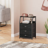 Furnulem Black Night Stand, Small Dresser for Bedroom, Nightstand with 3 Fabric Storage Drawers and 2-Tier Shelf, End Table Side Furniture for Closet, Hallway, Nursery, Sturdy Steel Frame, Wood Top Furnulem