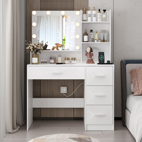 DINGIPP Makeup Vanity Desk with Lighted Mirror and Charging Station, Makeup Table with 4 Drawers & Storage Shelves, Vanity Desk 3 Color Modes Available, Bedroom Dressing Table for Women, girls (White) DINGIPP