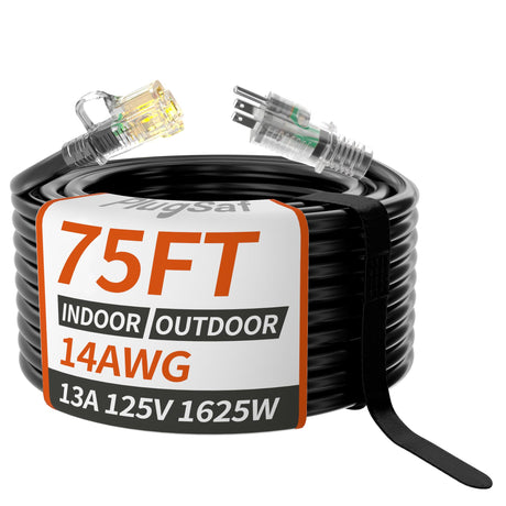 PlugSaf 14/3 Gauge Black Outdoor Extension Cord 75 ft Waterproof with Lighted Indicator, Cold Weatherproof -40°C, Flexible 3 Prong Extension Cord Outside, 15A 1875W 14AWG SJTW, ETL Listed PlugSaf
