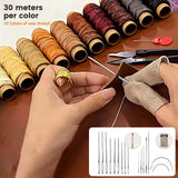 Daily Treasures 73pcs Leather Craft Kits with Portable Handbag, Leather Working Kit with 18 Punch Tool,Tracing Wheel,7 in 1 Groover,Awl,Waxed Thread,Needles,Tools for DIY Polishing Sewing Cutting Daily Treasures