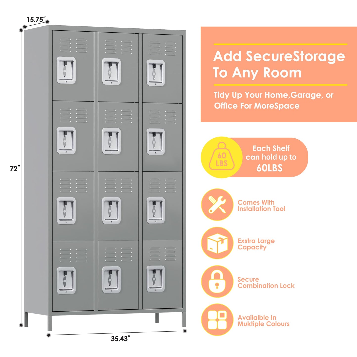 SUXXAN 12 Doors Storage Locker Combination with 12 Hooks,Industries Double Tier Metal Locker for School Office Gym Home Employees Staff Sundries Room W35.43*D15.7*H72 (Light Grey) - WoodArtSupply