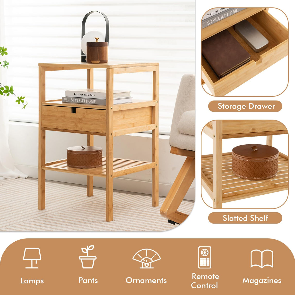 Giantex Bamboo Nightstand, Wood Side Table with Drawer and 2 Storage Shelves, Multifunctional Bedside Table for Small Spaces, MCM Boho Style End Table for Bedroom Office, Natural Giantex