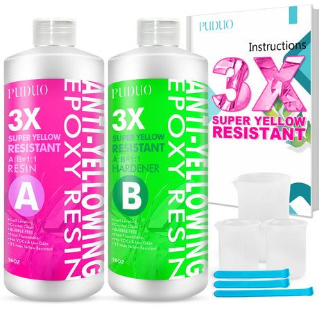 Epoxy Resin Crystal Clear Kit, Super Anti-Yellowing Craft Resin Epoxy 32OZ(16OZ Resin and 16OZ Hardener) for Art, Jewelry Making, Casting, Silicone Molds,Craft,Pigment by Puduo Puduo