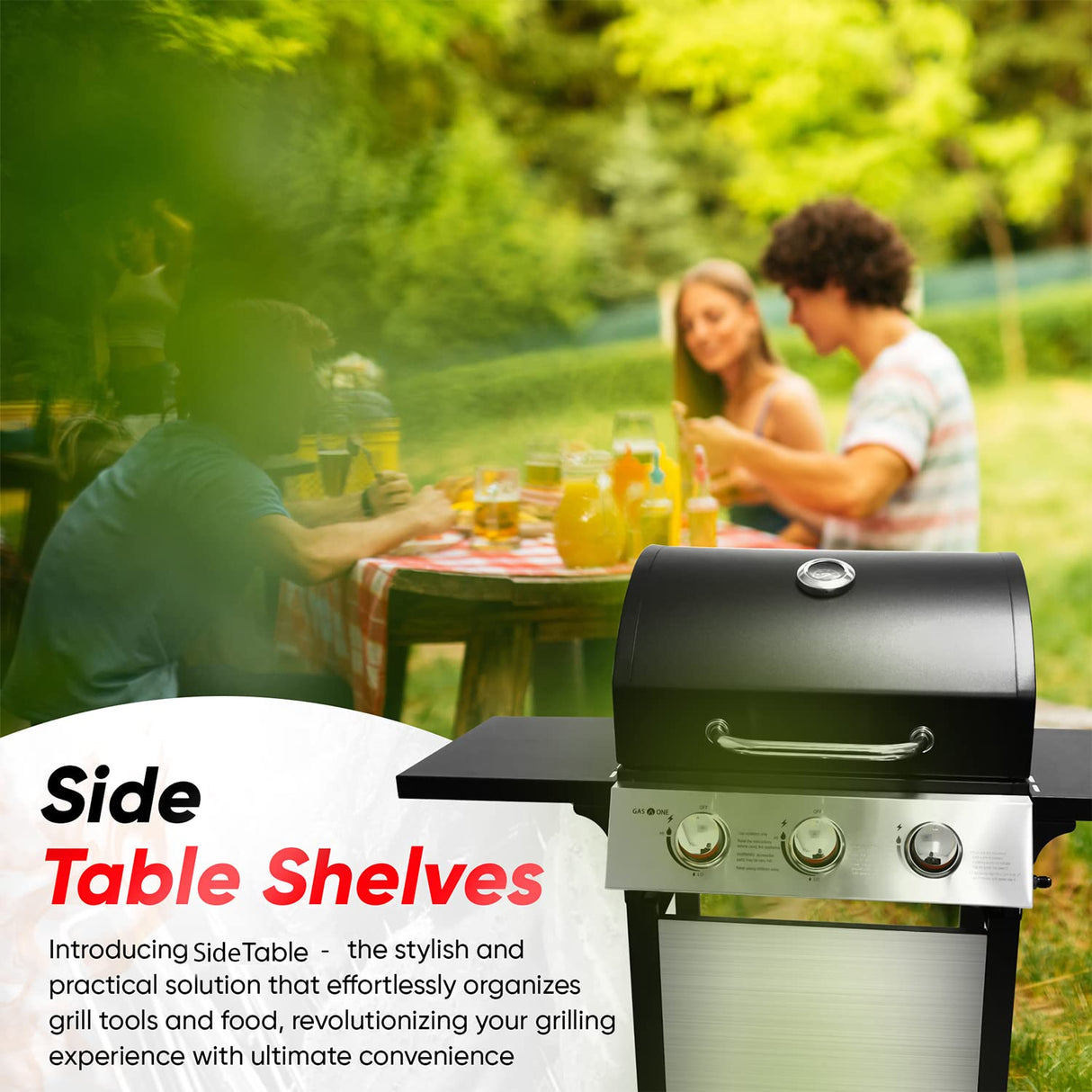 GasOne GP-1030S One 3 Burner Stainless Steel– Outdoor Cabinet Style with Wheels-High-Temperature Paint Coating Gas BBQ Grill – Elegant and Luxurious Design, Black Gas One