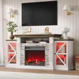 QUW Electric Fireplace TV Stand, 70" Farmhouse Entertainment Center with Open Shelf and Glass Barn Door Cabniet, Modern TV Console Table with 7 Flame Colors for Living Room, Antique White QUW