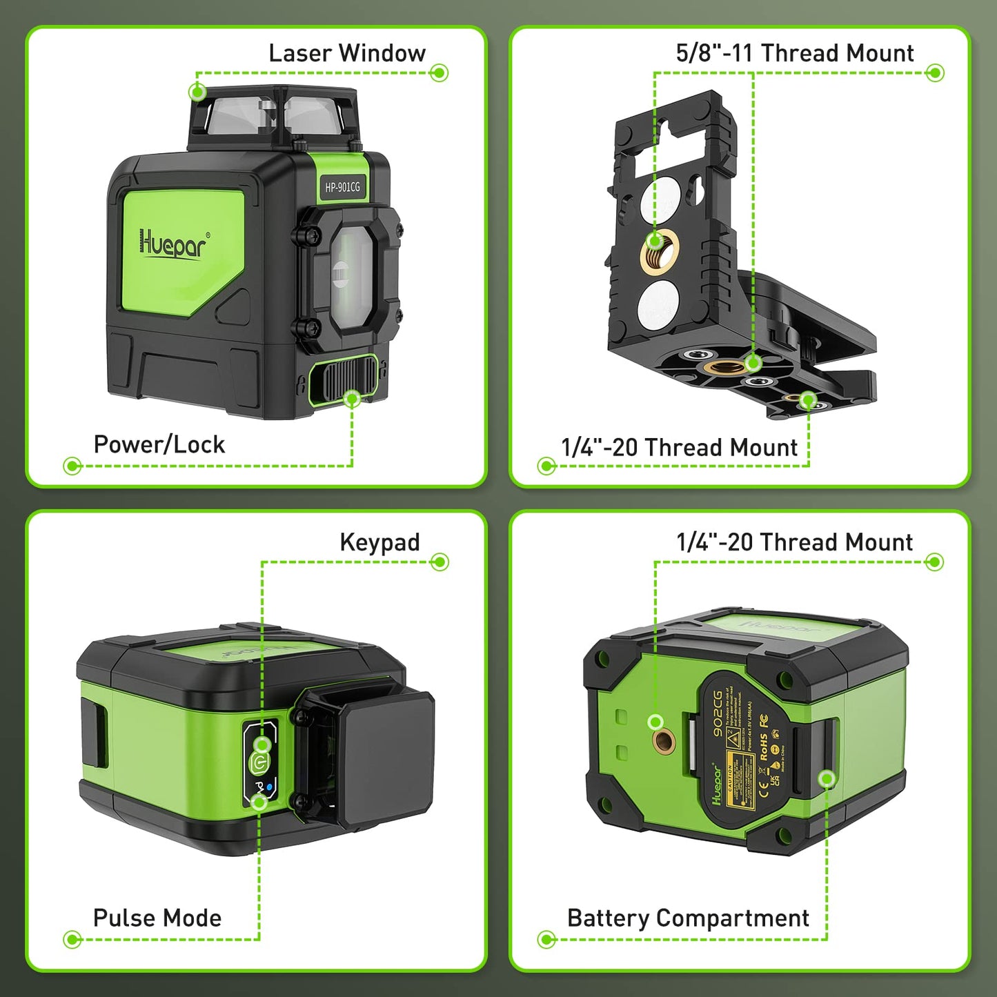 Huepar 901CG Self-Leveling Laser Level, 360 Green Beam Cross Line Laser Tool, Alignment 360-Degree Horizontal Line with Pulse Mode, Magnetic Pivoting Base Included - WoodArtSupply