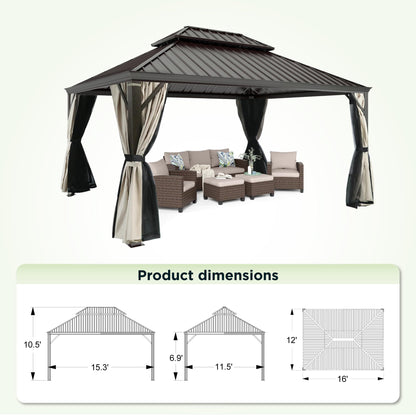 GREEN PARTY 12 X 16ft Hardtop Gazebo with Nettings and Curtains, Heavy Duty Double Roof Galvanized Steel, Outdoor Aluminum Gazebos Pergolas for Patios, Backyard, Deck, Garden, Lawns