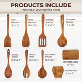 Wooden Spoons for Cooking, Teak Wooden Kitchen Utensil Set for Nonstick Cookware, Durable Wooden Cooking Utensils Set with Holder and Spoon Rest (9 Pcs) AYAWOW