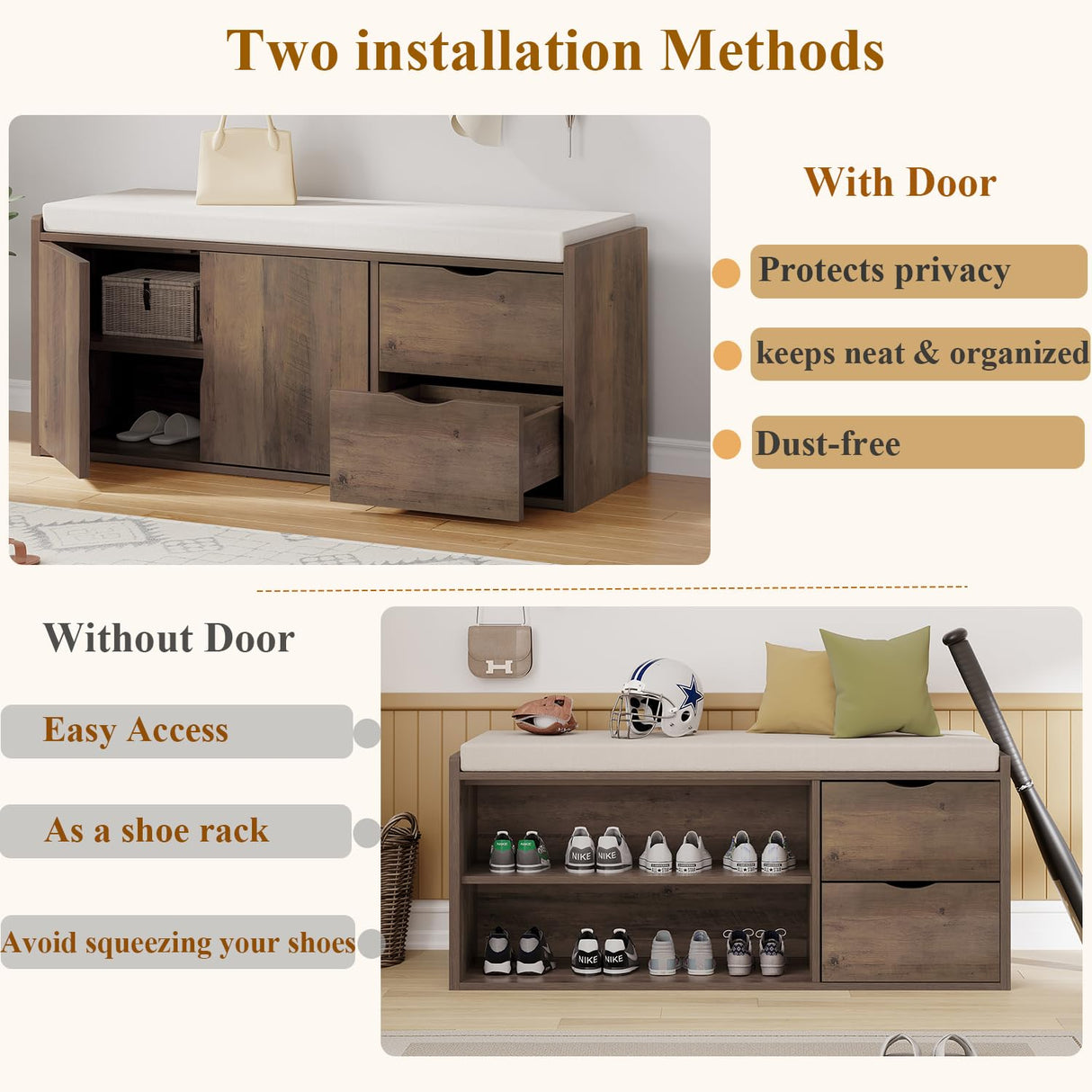 LVB Entryway Bench with Storage, 40” Storage Bench with Padded Cushioned Seat, Farmhouse Shoe Bench with 2 Drawers Cabinet Shelf, Industrial Wood Shoe Rack Bench for Living Bedroom，Rustic Oak, 40in LVB