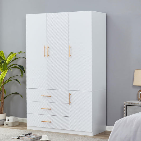 ClassyCabin Wooden Armoire Wardrobe Closet Cabinet, 3 Door 3 Drawers Storage Cabinet for Large Capacity, White Closet with 2 Hanging Rod and Storage 47.3" L x 20.3" W x 72" H