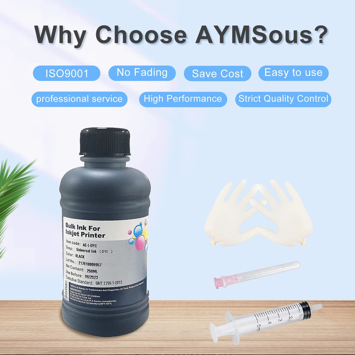 AYMSous Black Ink Universal Refill Ink Kit Dye Ink 250ml Work for Canon HP Epsn Brother Injet Printers Refillable Cartridge CISS CIS System (9 oz) with Syringe&Glove