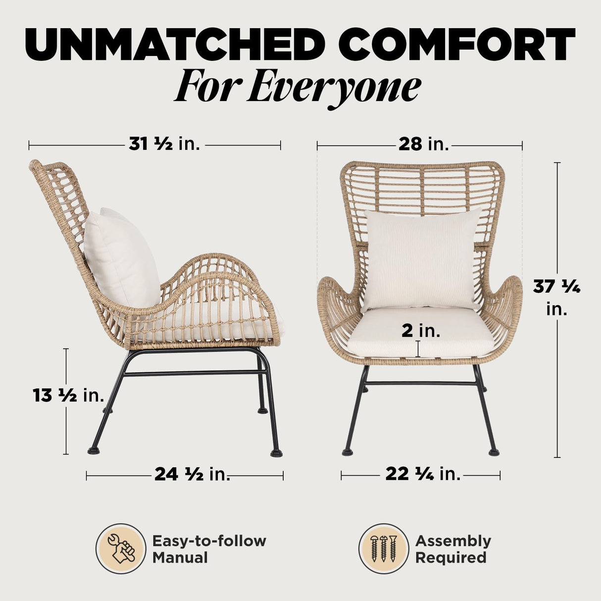 IDZO Isabelle Upgraded 2000 Hours UV Wicker Chairs Outdoor Set of 2, 500 lbs Capacity Outdoor Patio Chair, All-Weather Club Chair with Water-Resistant Olefin Cushions, Boho Style, Beige IDZO