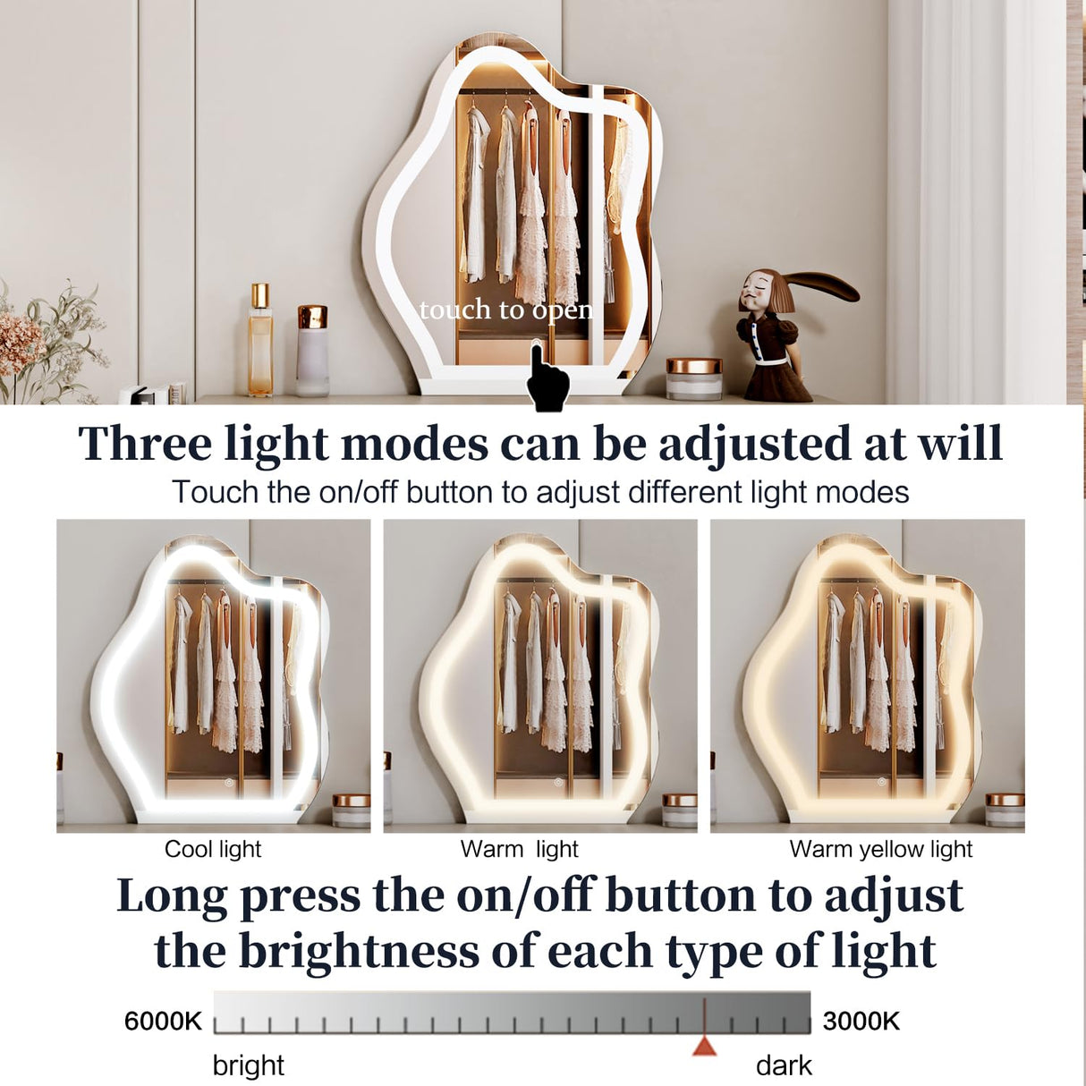 Ieejdn Makeup Vanity Desk with Cloud Lighted Mirror with Power Outlet and LED Strip, 3 Color Lighting Modes with Adjustable Brightness, 5 Large Drawer Vanity Table,for Bedroom, Grey Ieejdn