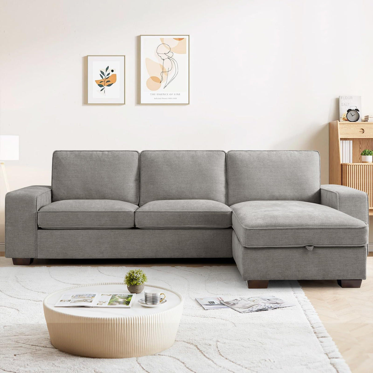 PARKOL 102" L-Shaped Sectional Couch with Storage, Sofa with Reversible Chaise, USB Type-C Charging, Chenille Fabric, Removable Cushion Covers, for Small Space, Apartment, Living Room, Light Gray PARKOL