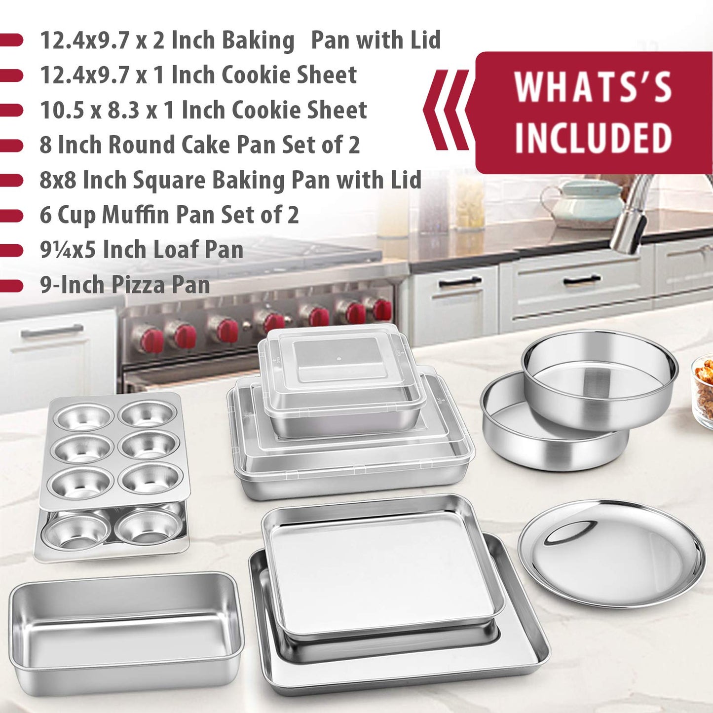 E-far 12-Piece Stainless Steel Bakeware Sets, Metal Baking Pan Set Include Round Cake Pans, Square/Rectangle Baking Pans with Lids, Cookie Sheet, Loaf/Muffin/Pizza Pan, Non-toxic & Dishwasher Safe