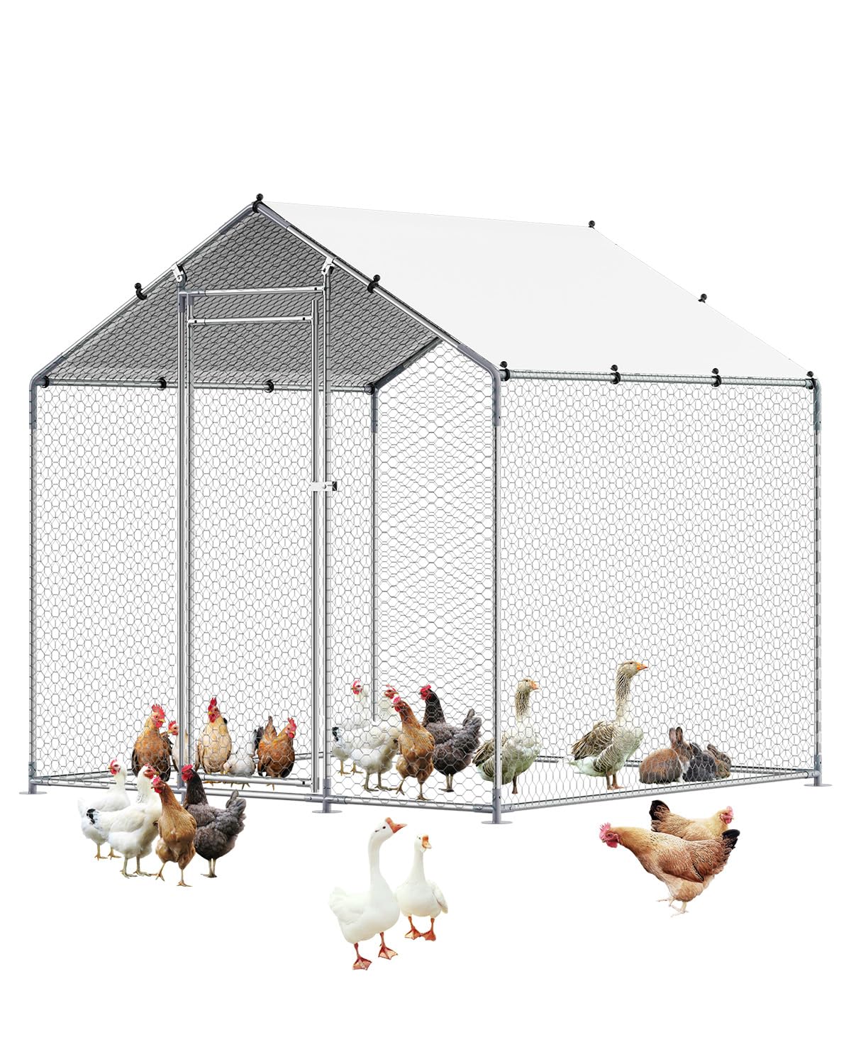 VEVOR Metal Chicken Coop, 6.56x6.56x6.56ft Walk in Chicken Runs for Yards with Cover, Spire Roof Hen House Enclosure with Security Lock, Outdoor Duck Rabbit Poultry Cage Pen for Backyard, Farm, Yard VEVOR
